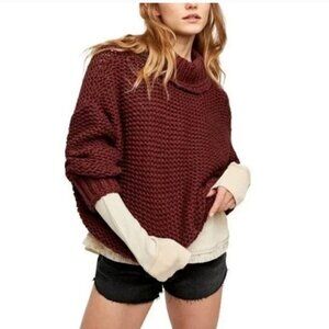 Free People My Only Sunshine Cowl Neck Sweater Chunky Knit Maroon Size M